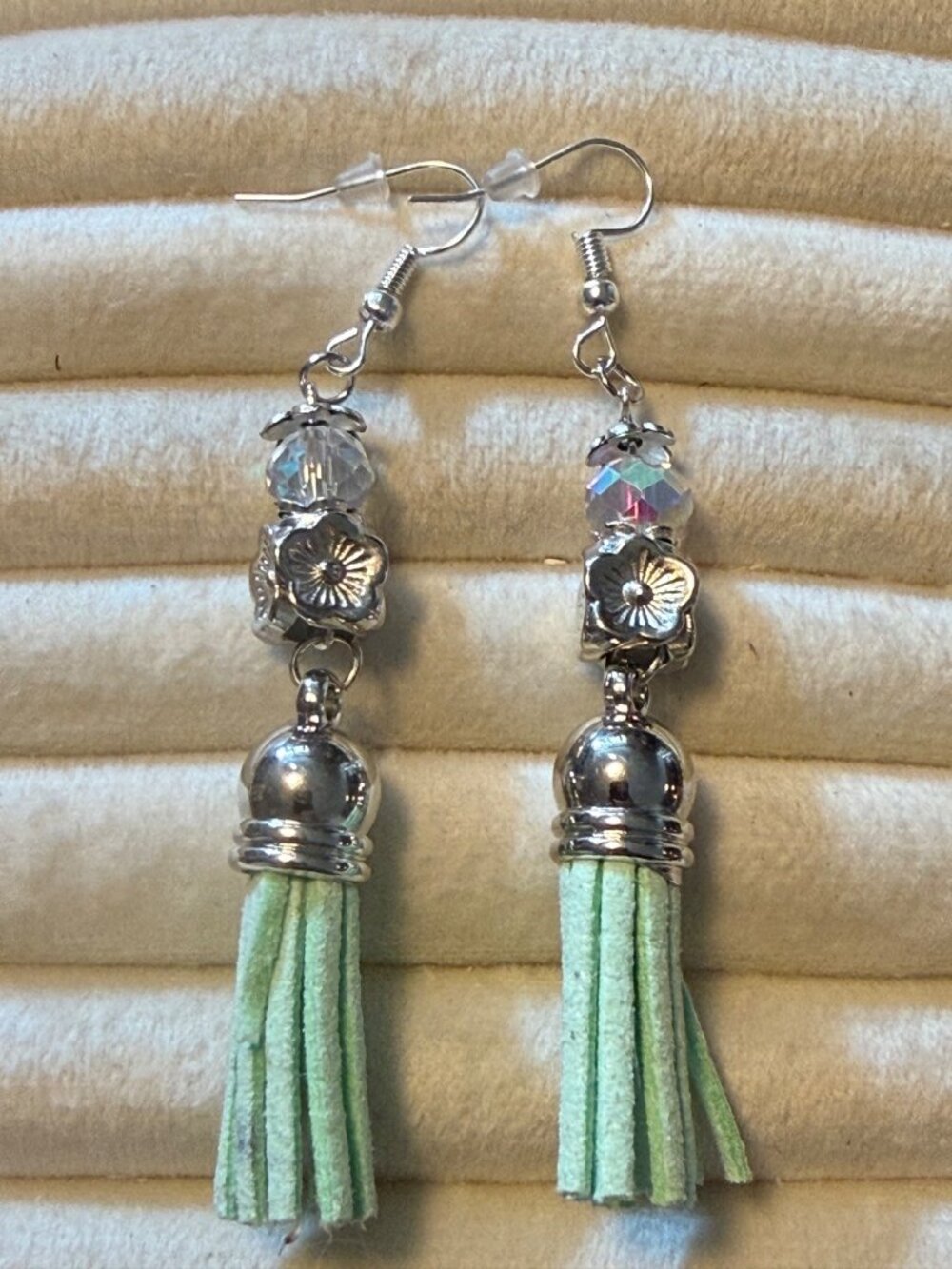 Mint Blossom – Floral & Sparkle Tassel Earrings